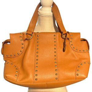 BCBG Max Azria Leather Studded Tote Cognac Brown Boho Shoulder Bag Large Handbag
